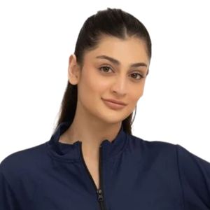 Women's <b>Navy</b> Blue Full Sleeve Zipper Bomber Jacket Stand Collar Solid Color Quick Dry <b>Knitted</b> Track Jacket Autumn Wear - Product Image 2