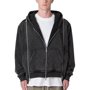 Sudadera con capucha y cremallera personalizada para hombre, estilo callejero, lavado ácido, negro, vintage, doble cremallera, bolsillos de canguro, Chaqueta corta de invierno, teñida lisa - Product Image 2