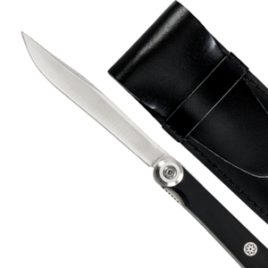 Cuchillo para carne de acero inoxidable con hoja afilada para rebanar, mango negro y funda de cuero para cortar carne de res en la mesa. - Product Image 6