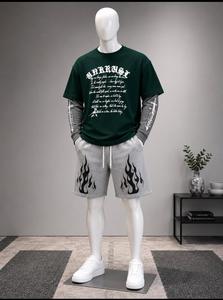 Men's Oversized Jersey Graphic Green Long Sleeve T-<b>Shirt</b> with White Letter Print and Gray <b>Flame</b> Shorts Street Style Outfit - Product Image 1