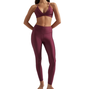 Women's 2 Piece Yoga Set Burgundy <b>V</b> Neck Spaghetti Strap Sports Bra High <b>Waist</b> Full Length <b>Leggings</b> - Product Image 1
