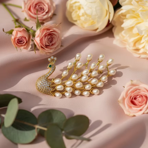 เข็มกลัดมุกดีไซน์นกยูงชุบทองพร้อมมุกน้ำจืดสำหรับเครื่องประดับแฟชั่นสำหรับผู้หญิงและผู้ชาย - Product Image 1