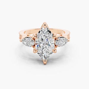 Bague de fiançailles en or 14 carats avec trois pierres de taille marquise et poire, sertie de griffes en filigrane gravé vintage pour femme - Product Image 5
