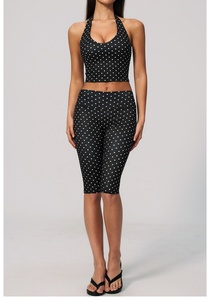 Black Polka Dot Yoga Set Halter <b>Crop</b> <b>Top</b> High Waist Calf-Length Pants 2 Piece Spandex Polyester Breathable - Product Image 4