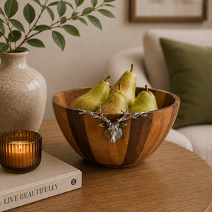 Bol à salade rustique artisanal en bois d'acacia avec accent tête de cerf en étain, élégant bol de service tête de cerf style lodge pour la table - Product Image 6