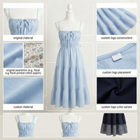 Robe longue décontractée d'été bleu clair à fines bretelles, taille élastique, coupe trapèze à volants, en coton tissé, couleur unie, écologique