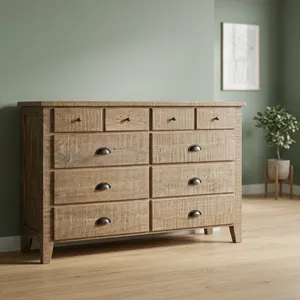 <b>Rustic</b> Wooden 10 Drawer <b>Cabinet</b> with Natural Finish and Metal Handles for Bedroom Storage Living Room <b>Cabinets</b> - Product Image 3