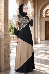 Women's YASIR APPARL A-Line Ankle-Length <b>Bow</b> Long Sleeve Embroidered Evening/ Formal Modest Abaya Hijab Dress Crepe Natural ODM - Product Image 4