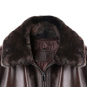 Chaqueta de cuero marrón para hombre con cuello de piel de oveja, talla grande, estilo motero, cierre de cremallera, informal elegante para otoño/invierno - Product Image 2