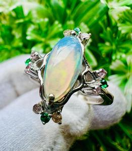 TASBIYA GEMS Vintage <b>Opal</b> Gemstone <b>Ring</b> 925 <b>Silver</b> Rhodium Plated Minimalist Prong Setting Flower Shape Women's Engagement - Product Image 5
