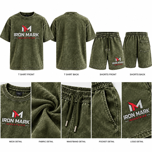 Iron Mark Industries <b>Men's</b> Cotton <b>T</b>-<b>Shirt</b> Shorts Set V-neck Printed Logo Front Summer Casual Wear Streetwear Breathable Knitted - Product Image 1