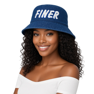 <b>Women</b> Dark Blue Denim <b>Bucket</b> <b>Hat</b> FINER Embroidery Logo Wide Brim Casual Vintage Fashion Outdoor Summer Sun Protection Headwear - Product Image 1