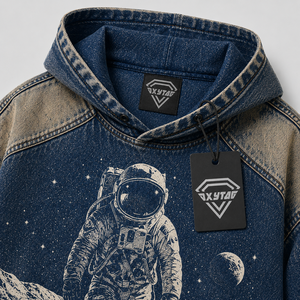 Sudadera con Capucha de Mezclilla Personalizada al por Mayor para Hombre, Estilo Urbano, con Estampado Gráfico de Astronauta, Sudadera de Jean Azul de Alto Gramaje - Product Image 5