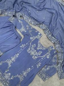 Ensemble Sharara brodé bleu pour femme, Kurti, Dupatta, Salwar Kameez, tenue pour fête, mariage - Product Image 4