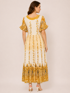 Wholesale Comfortable Yellow Color Floral Print Western Dress Round Neck <b>Mirror</b> Work Flutter Sleeve High Waist Women's Wear - Product Image 4