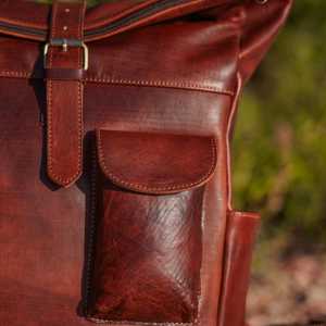 Genuine Leather <b>Roll</b> Top <b>Backpack</b> Mens Business Laptop Bag Cowhide Travel Rucksack with Adjustable Straps LTBP-0059 - Product Image 3