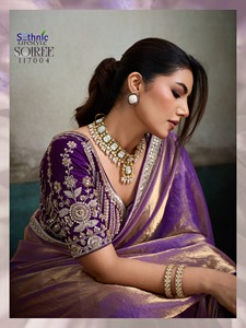 Sari indien élégant en soie satinée avec broderie de sequins, tenue traditionnelle pour mariage et fêtes, couleur violette - Product Image 3
