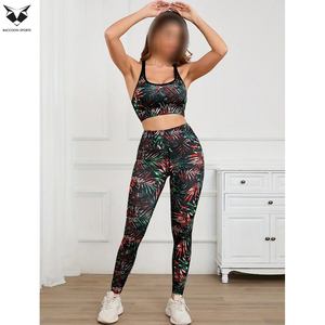 Dark Botanical Print High Rise Workout Tights Women <b>Cross</b> Back Running Bra Quick Dry Two Piece Performance Training Sets - Product Image 2
