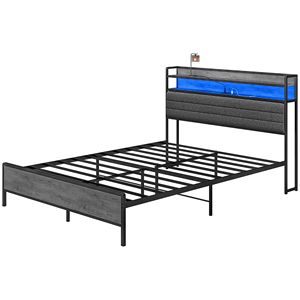 Struttura letto matrimoniale Queen Size con contenitore resistente, testiera imbottita con LED e stazione di ricarica, grigio cemento, caratteristiche King Size - Product Image 1