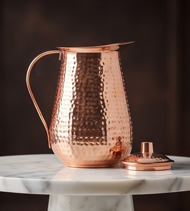 Hammered Pure Copper <b>Water</b> <b>Jug</b> Pitcher with Lid Traditional Ayurvedic Drinking Vessel Metal Barware Supplies - Product Image 1