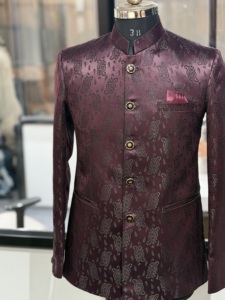 Ensemble de costume de luxe pour homme, de couleur bordeaux, en jacquard, style Bandhgala Jodhpuri Sherwani, avec kurta de créateur, veste de marié indo-occidentale pour mariage - Product Image 3