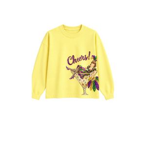 Sudadera amarilla con lentejuelas y hombros caídos para mujer, cuello redondo, estampado gráfico de cóctel de dibujos animados, top informal - Product Image 1