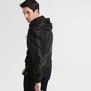Chaqueta Bomber Personalizada para Hombre, de Cuero Genuino Negro, con Capucha, Corte Ajustado, Piel de Oveja Suave, Estilo Casual Urbano, Abrigo de Invierno - Product Image 2