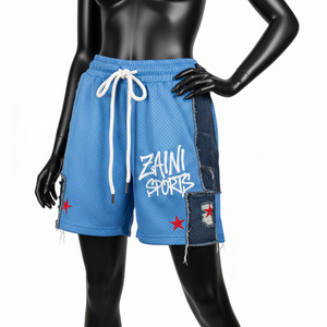 Shorts femme en maille polyester premium 160 GSM bleu ciel avec empiècements latéraux en jean et logo personnalisé brodé - Product Image 3