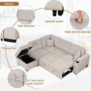84.75\" 2-in-1 Pull Out Sleeper <b>Sofa</b> <b>Bed</b> L-Shape Couch <b>with</b> <b>Storage</b> Ottoman for Living & Bedroom Small Apartment Furniture - Product Image 4