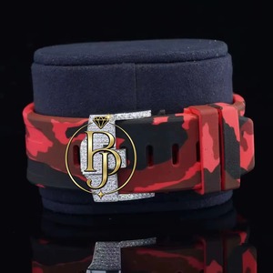 Briva Luxury Chronograph Men Watch <b>Red</b> Black Camouflage Stainless Steel Strap Iced Bezel Sport Quartz Arabic Numeral Glass 25mm - Product Image 4