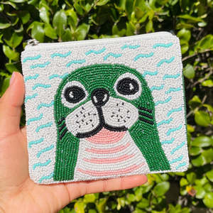 Handmade <b>Cute</b> Seal Face Beaded Clutch Bag Trendy Ocean Theme Beach Accessory Zipper Closure Unisex Vacation Resort <b>Purse</b> Water - Product Image 4