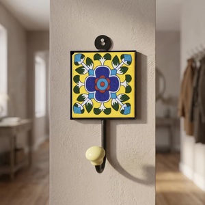 Beads Art Yellow Blue Ceramic Tile Wall <b>Hook</b> Flower Pattern Vintage Style <b>Coat</b> Rack Single <b>Hook</b> Handmade <b>Decorative</b> <b>Hook</b> Model - Product Image 1