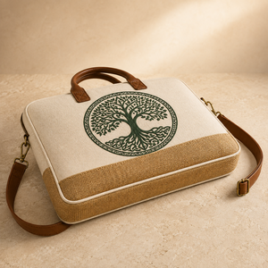 Mochila de Lona y Yute para Portátil, Maletín, Bolso Cruzado con Correa de PU, Cierre de Cremallera, Gran Capacidad, Rayado, para Universidad, Oficina, Viajes - Product Image 6