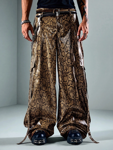 <b>Snake</b> <b>Print</b> Leather <b>Trousers</b> Lambskin Embossed Pattern Wide Leg Baggy Cut Side Pockets Glossy Finish Unisex - Product Image 6