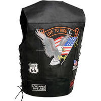 Gilet de motard en cuir noir pour homme MH avec motifs de patchs et lacets latéraux ajustables pour la conduite à moto