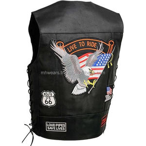 MH <b>Men's</b> <b>Black</b> Leather Biker <b>Vest</b> With Patch Designs And Adjustable Side Laces For Motorcycle Riding - Product Image 2