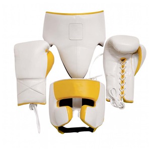 White And Yellow <b>Boxing</b> Gear Set With Lace Up Gloves And <b>Headgear</b> For Adults Martial Arts Training - Product Image 1