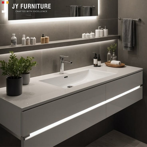 Meuble-lavabo de salle de bain JY Project, personnalisé, style européen élégant, avec un seul lavabo, entièrement assemblé, miroir LED, contreplaqué MDF, PVC - Product Image 4