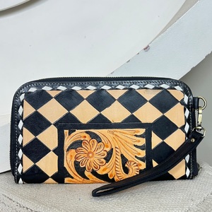 Cartera de Mano Premium para Mujer, Hecha a Mano con Cuero Genuino, Diseño Floral con Diamantes, Correa de Muñeca, Elegante, con Bloqueo RFID, para Uso Diario - Product Image 1