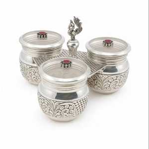 Luxury Silver Plated 3 <b>Jar</b> Dry Fruit <b>Set</b> with Peacock Handle Tray Ornate Embossed Metal <b>Spice</b> Container Wedding Return Gift - Product Image 1