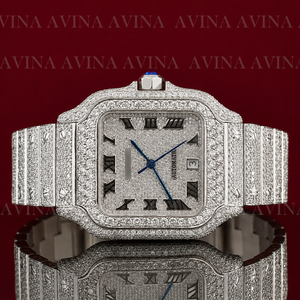 Reloj Automático de Lujo con Incrustaciones de Moissanita para Hombre |   Reloj con Diamantes y Números Romanos Completamente Adornados |   Reloj de pulsera de acero inoxidable estilo hip hop - Product Image 5