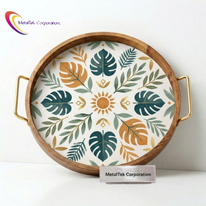 Handmade Mango Wood Round <b>Serving</b> <b>Tray</b> <b>Gold</b> Metal Handles Tropical Leaf Print Decorative Platter Eco-Friendly Wedding Gift <b>Trays</b> - Product Image 1