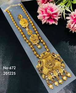 Collar Largo Lakshmi de Joyería de Templo, Chapado en Oro Antiguo, Estilo Bengali Occidental, para Novias, Étnico, para Compromiso, Aniversario, Joyería de Imitación - Product Image 3