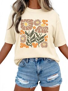 Camiseta gráfica para mujer, 100% algodón, camiseta estampada DTF, camisetas con cuello redondo, camisetas holgadas de manga corta para verano, cómodas - Product Image 4