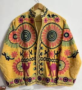 Yellow Hand Embroidered Floral Jacket <b>Women</b> Stand Collar Full Sleeve Boho Prairie Chic <b>Spring</b> Cotton <b>Coat</b> Open Front Boho Casual - Product Image 3