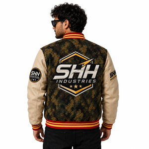 SHH INDUSTRIES Custom Camo Varsity <b>Jacket</b> <b>Men</b> Embroidered Logo Baseball Bomber <b>Jacket</b> Leather Sleeves Streetwear Letterman - Product Image 5