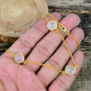 Natural White Onyx Round Shape Charm Gemstone <b>Chain</b> Necklace 18k Gold Micron Over 925 Sterling Silver - Product Image 3