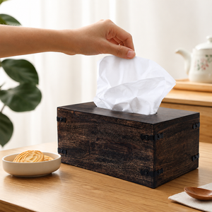 Caja de pañuelos de madera de acacia rústica con acabado oscuro quemado, hecha a mano, rectangular, duradera, para decoración del hogar, oficina o baño. - Product Image 3