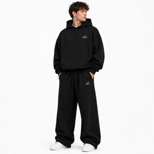 Sudadera con capucha extragrande negra lisa con estampado de letras personalizado en la espalda, de algodón grueso, y pantalones de chándal de pierna ancha unisex, los más vendidos. - Product Image 2