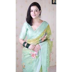 Elite Weaves Pista Soft Georgette Floral Printed Zari Woven Saree <b>Indian</b> & <b>Pakistani</b> <b>Clothing</b> 450g - Product Image 3